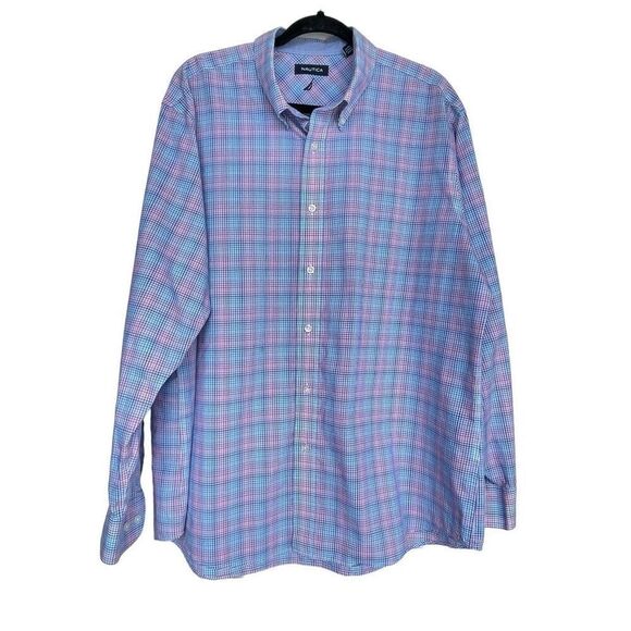 Men’s Nautica Blue Pink Check L/S Button Down Dress Shirt Size XL - Picture 1 of 7